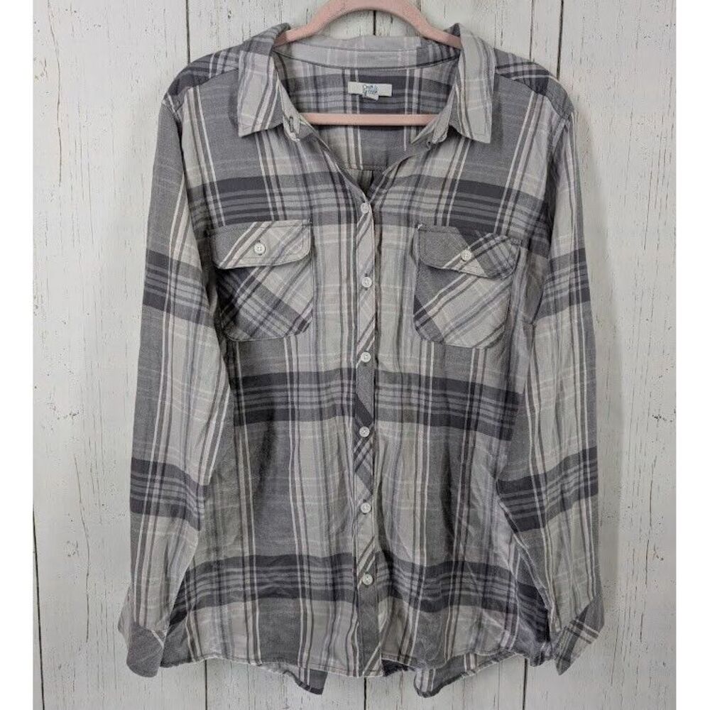 Croft Barrow Size XXL Gray Plaid Button Down Collar Long Sleeve Casual Top - Picture 1 of 8